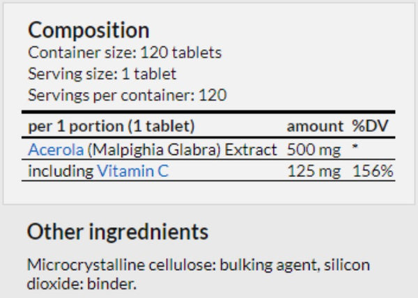 P* Aliness Acerola 125mg x 120 tabs. Natural Vitamin C, expiry date 10.2027